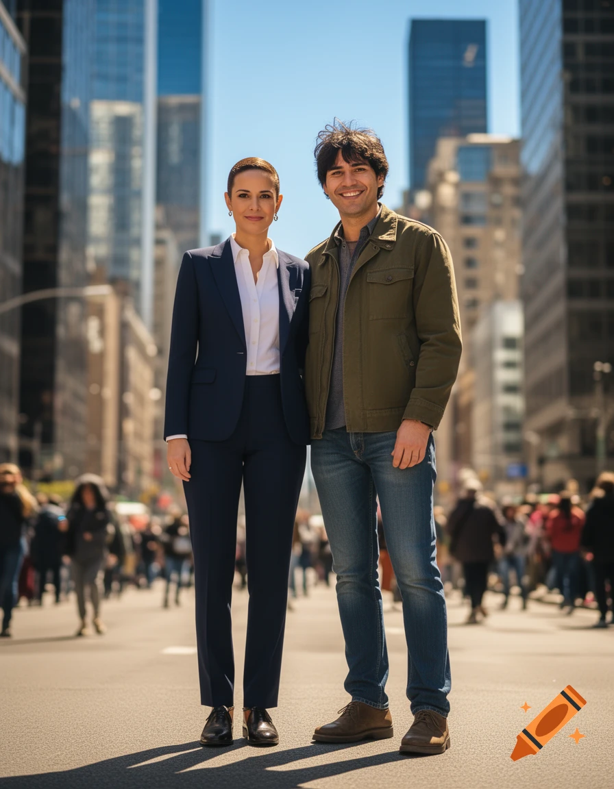 A man and a woman stand smiling on a sunny city street with tall buildings and blurred pedestrians in the background.