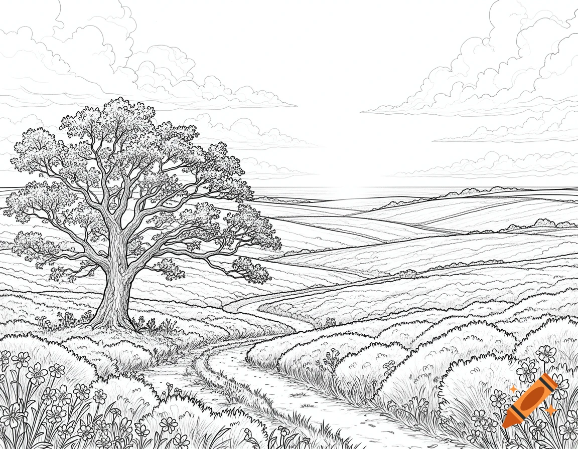 Line art coloring page of a heath landscape with a large tree, rolling hills, a winding path, and flowers.