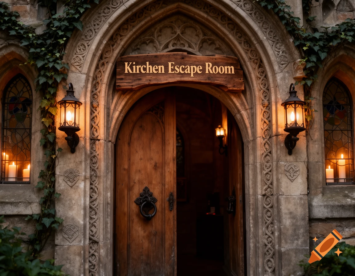 A photorealistic image of an ornate, ivy-covered stone entrance to a building with a wooden door, illuminated lanterns, and a sign reading "Kirchen Escape Room".