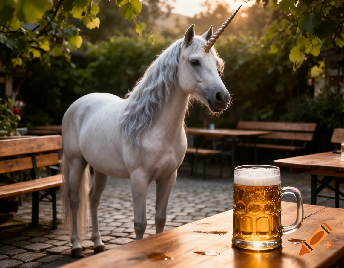 A photorealistic white unicorn stands in a Bavarian beer garden with a large beer stein on a wooden table in the foreground, under soft sunlight.