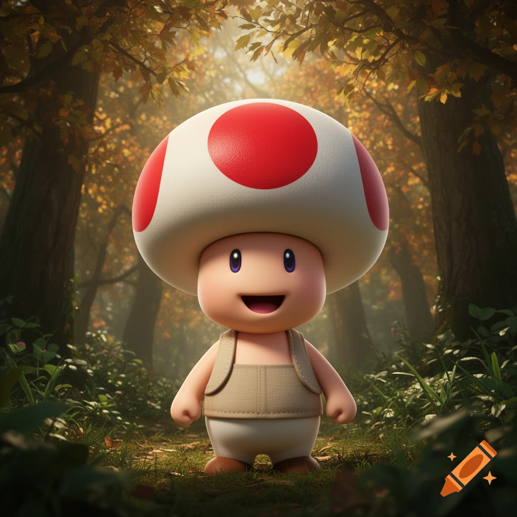 A realistic, smiling Toad from Mario in a sunlit autumnal forest.
