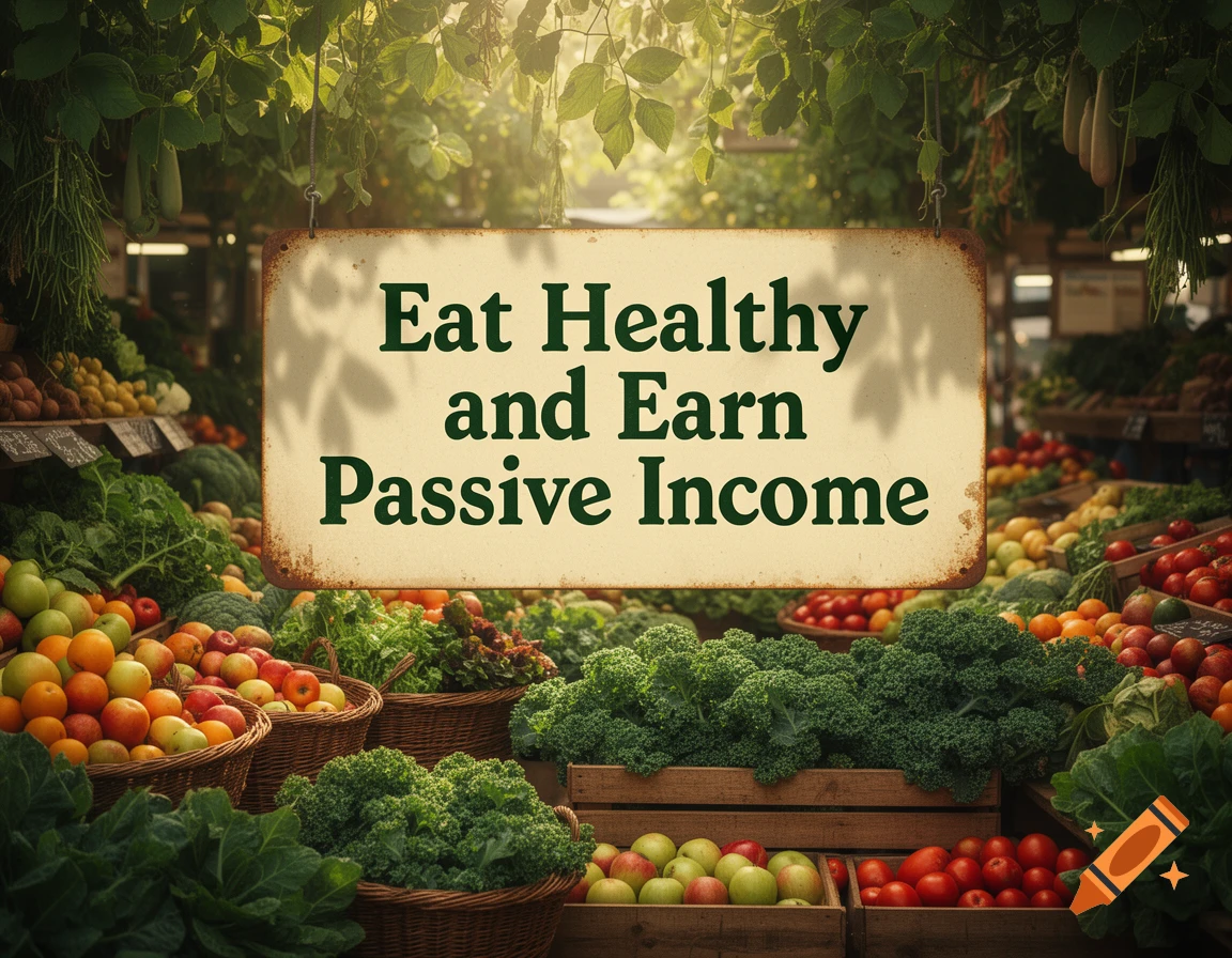 A rustic sign reads "Eat Healthy and Earn Passive Income" hanging over a vibrant market stall filled with fresh fruits and vegetables.