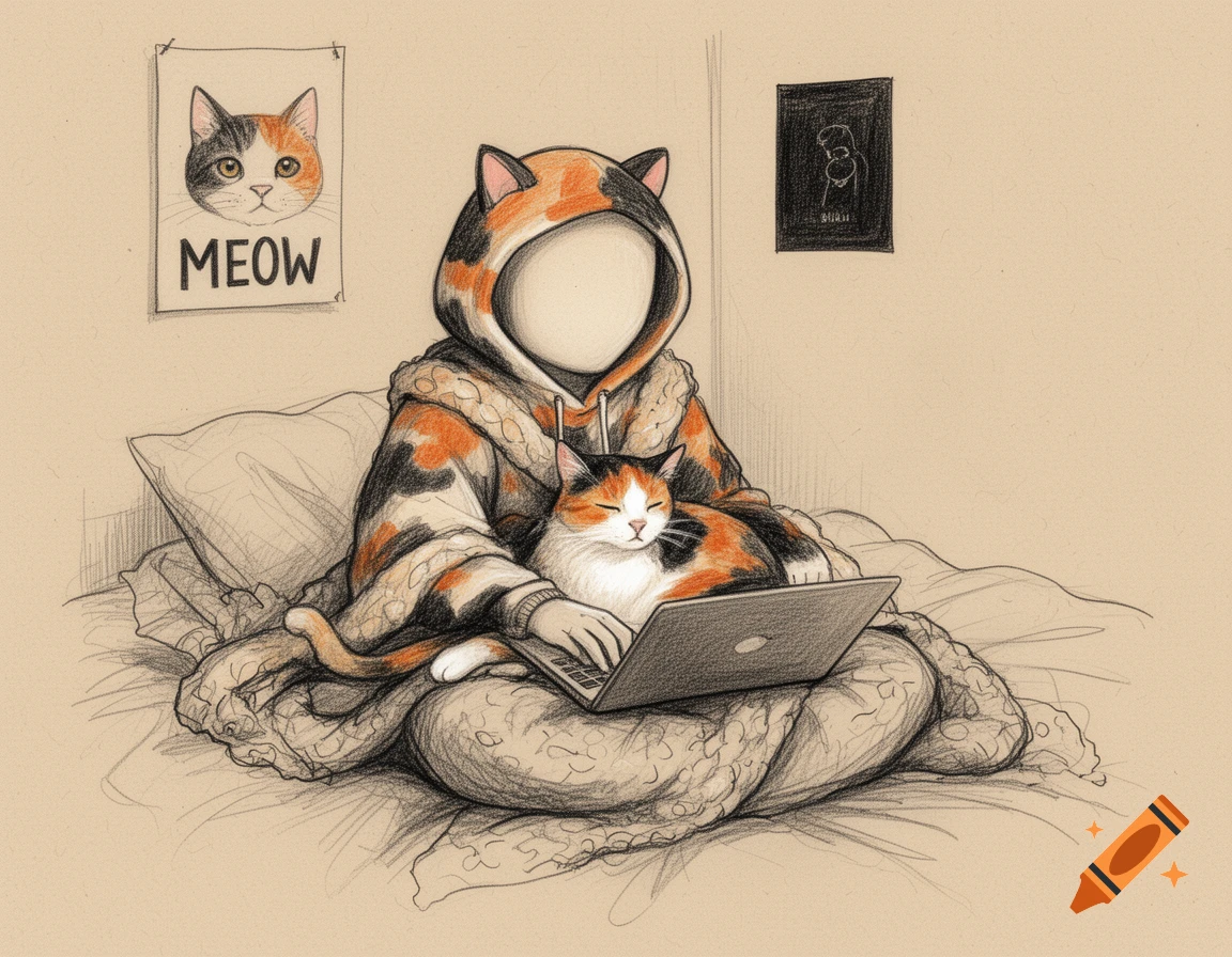 A hand-drawn sketch of a person in a calico cat hoodie petting a cat on a laptop while sitting on a messy bed.
