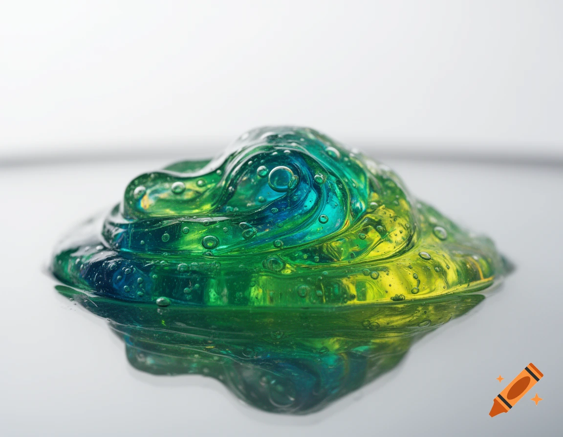 Vibrant green and blue slime blob with numerous air bubbles, resting on a reflective surface in a photorealistic style.