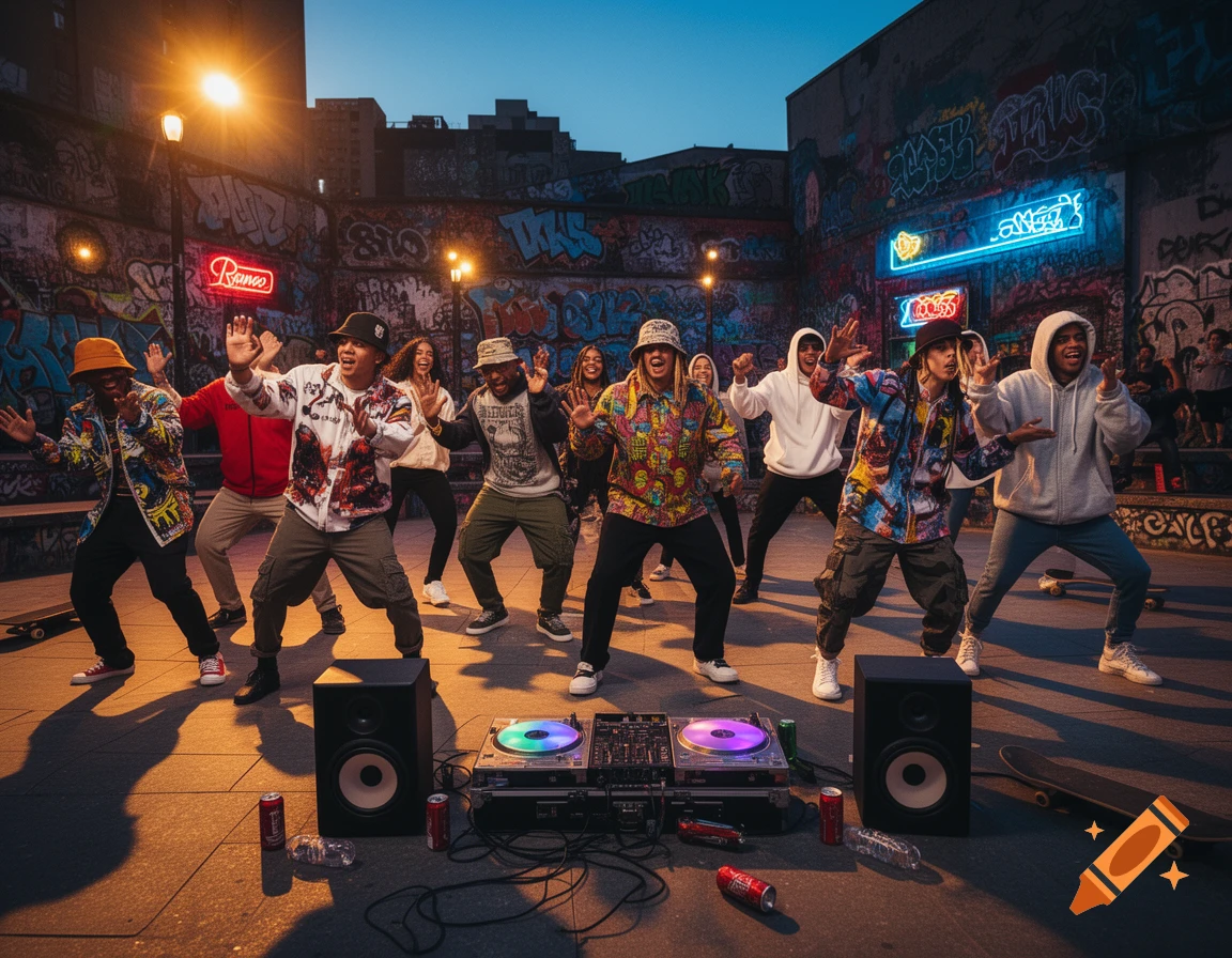 A group of people dance to hip hop music in an urban setting at night, with a DJ setup and graffiti-covered walls.