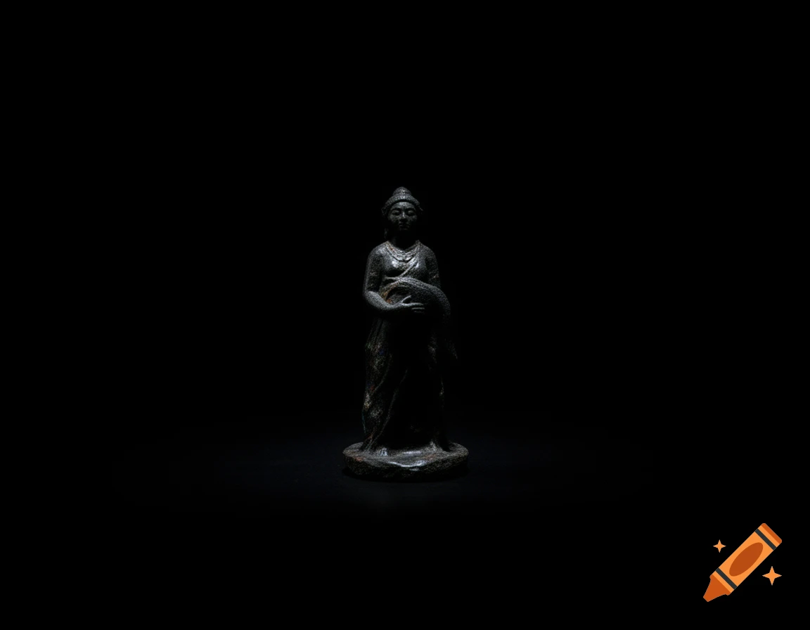 Dark photo of a metallic statue of a robed figure holding a bowl on a black background.