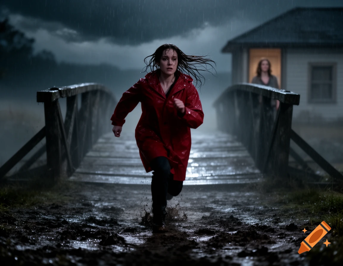 A woman in a red raincoat runs on a muddy path and bridge in heavy rain; another woman stands by a house in the background. Photorealistic.