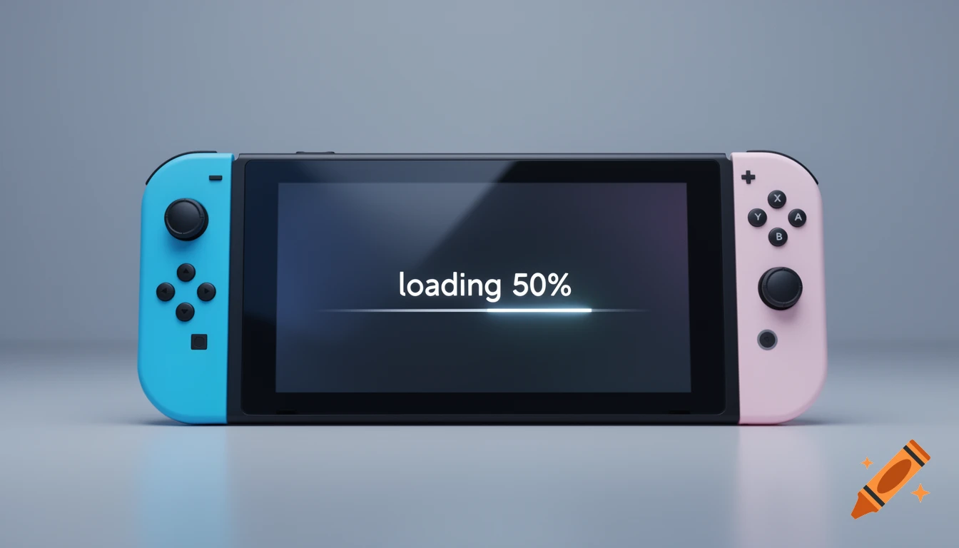 A Nintendo Switch console with a blue left Joy-Con and a pink right Joy-Con, displaying 'loading 50%' on its screen.