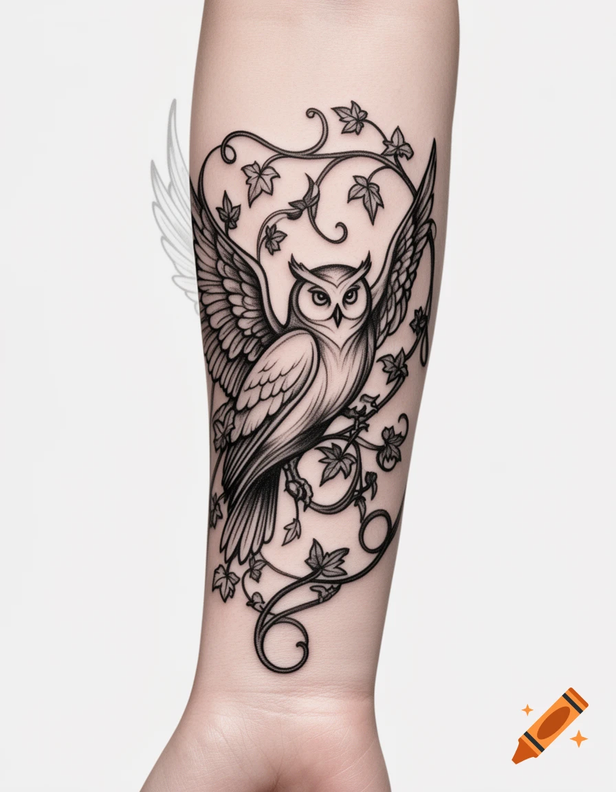 Black and white tattoo of an owl with spread wings, perched amidst twisting vines and leaves on a person's forearm.