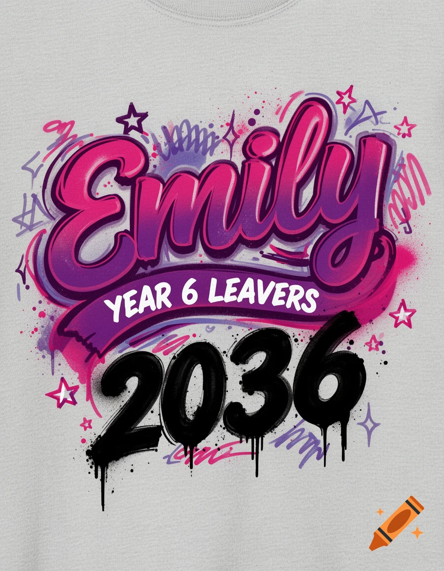 Graffiti style design on a grey shirt with 'Emily Year 6 Leavers 2036' in pink, purple, and black.