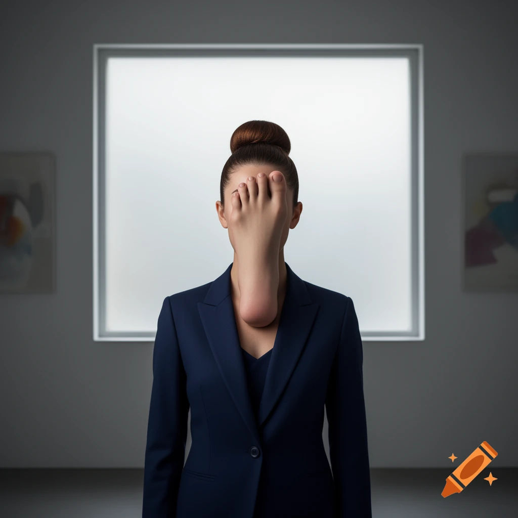 Photorealistic image of a woman in a dark suit with a human foot obscuring her face, standing in a minimalist gallery.