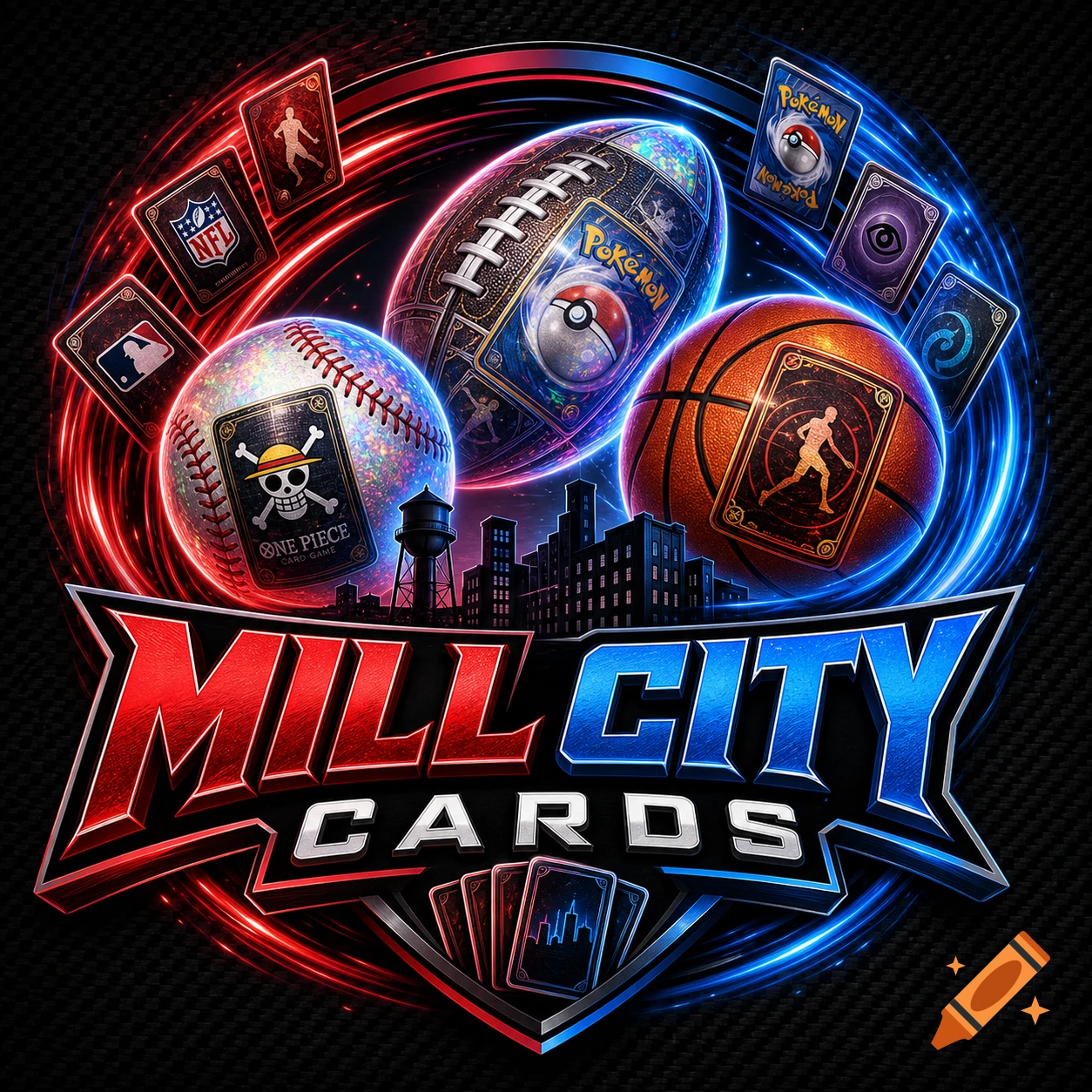 A stylized 'Mill City Cards' logo featuring sports balls (Pokemon football, One Piece baseball, basketball), trading cards (NFL, MLB), and a city skyline.