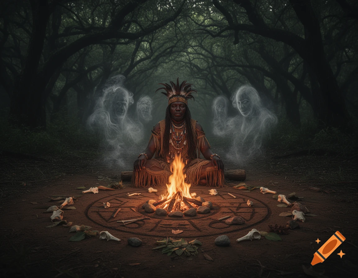 A witchdoctor in a dark forest sits by a campfire, communing with wispy spirits, surrounded by a ritual circle of bones and symbols.