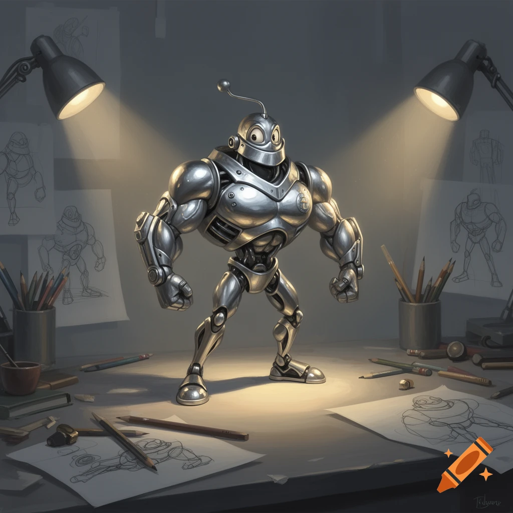 A muscular, silver robot with a lamp-like head stands on an artist's desk under two lamps, surrounded by sketches and pencils.