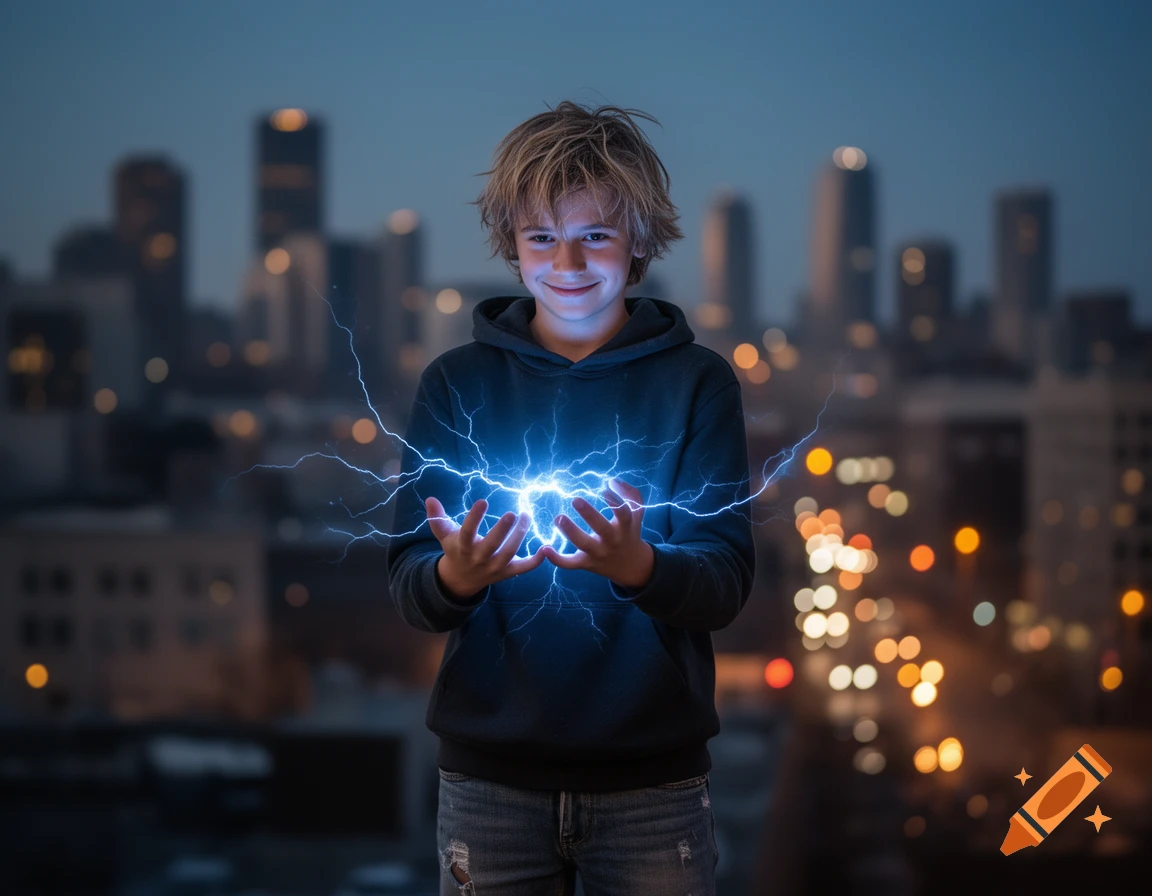 A smiling boy with messy blonde hair holds a ball of blue lightning between his hands, with a blurred city skyline in the background.
