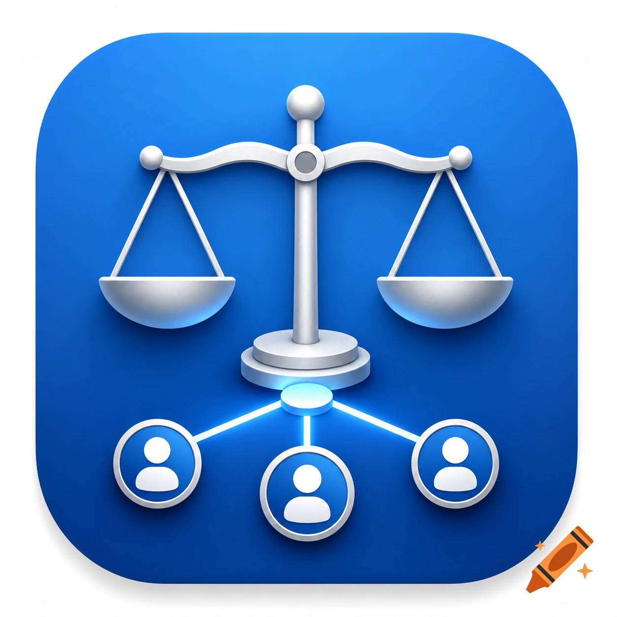 A 3D blue app icon featuring a silver scale of justice, connected to three user profile icons with glowing lines.