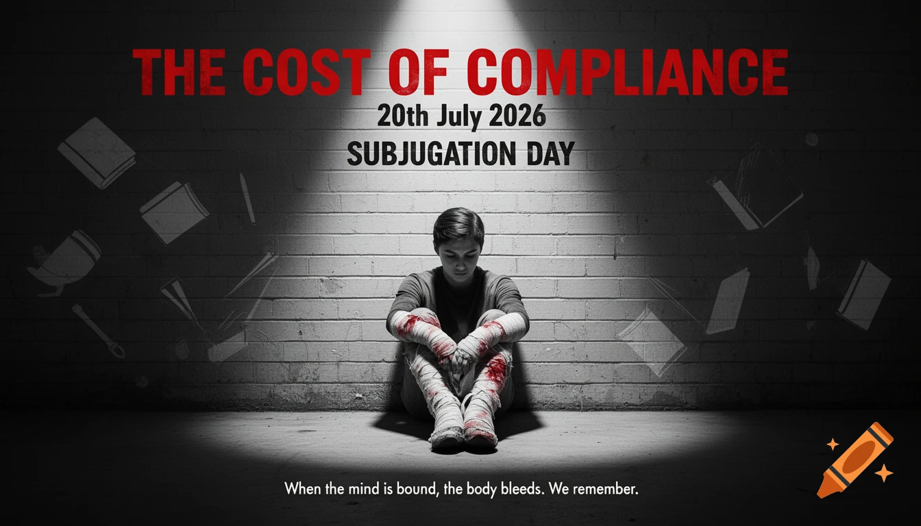 Dramatic black-and-white image of a student with bandaged, bloody arms and legs, sitting against a brick wall under a spotlight. Red text reads "THE COST OF COMPLIANCE" and "SUBJUGATION DAY."