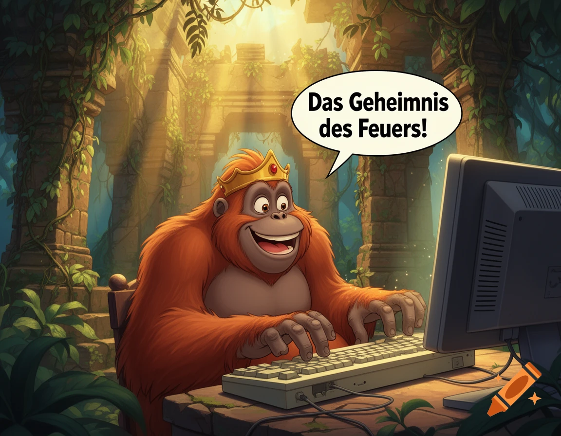 Cartoon King Louie from The Jungle Book sits at a computer in jungle ruins, text bubble reads 'Das Geheimnis des Feuers!'