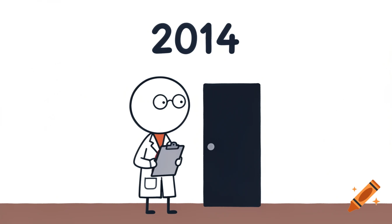 A hand-drawn stick figure scientist with glasses and lab coat holds a clipboard next to a black door, with '2014' above in cartoon style.