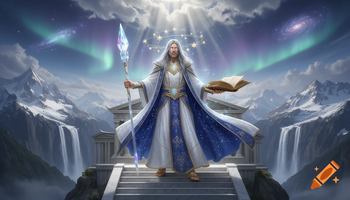 A majestic fantasy god with glowing eyes and silver hair stands on a temple, holding a crystal staff and book, against a backdrop of snowy mountains, waterfalls, and a starry sky with auroras.