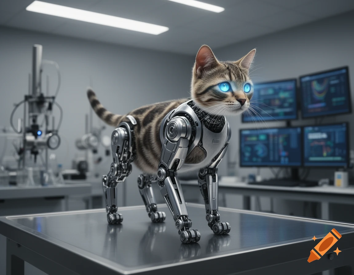 A tabby cat with glowing blue eyes, robotic legs, and torso stands on a metal table in a futuristic lab.