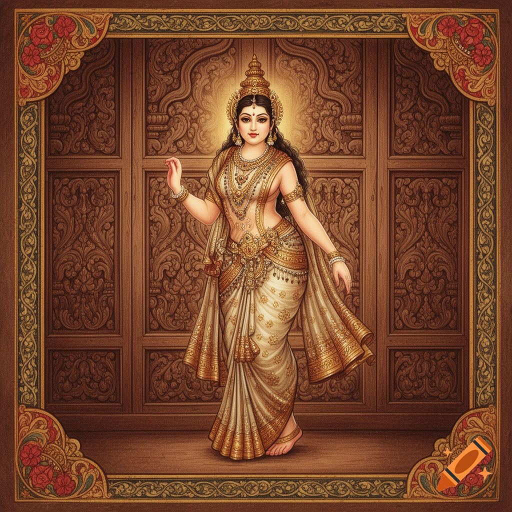 A traditional Indian painting of a woman in elaborate gold attire and headdress, against carved wood panels within a decorative frame.
