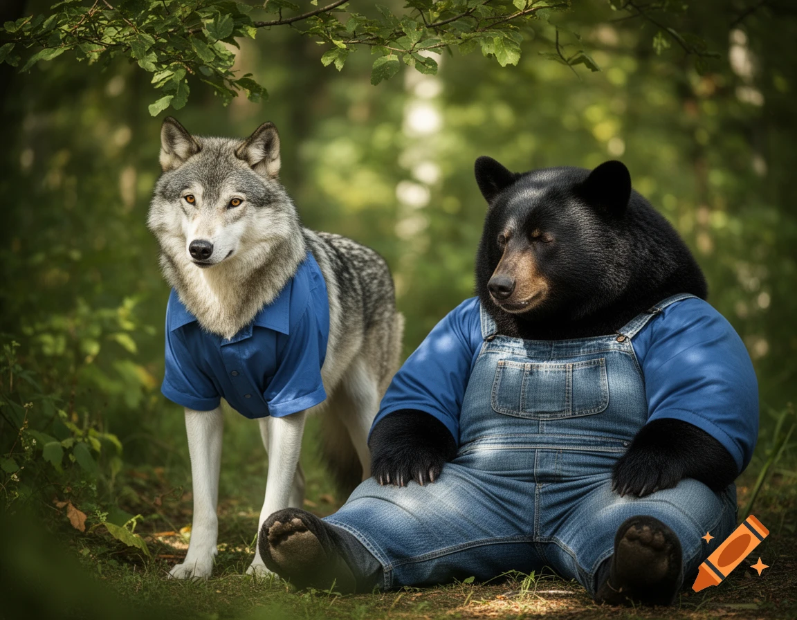 A photorealistic wolf in a blue shirt stands next to a black bear in denim overalls sitting in a forest.