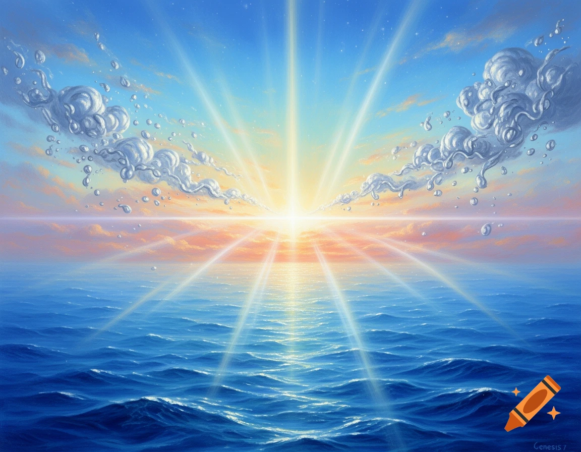 Majestic painting of a radiant sun beaming over a vast blue ocean, with stylized clouds and water droplets in a vibrant sky.
