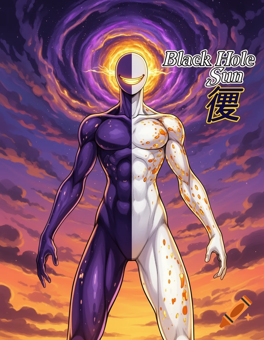 An anime-style humanoid with a split body, half purple and half white with orange flecks, stands beneath a swirling purple and orange galaxy. Its face is smooth, with a wide, glowing yellow smile. Text reads 'Black Hole Sun' and a Japanese kanji.