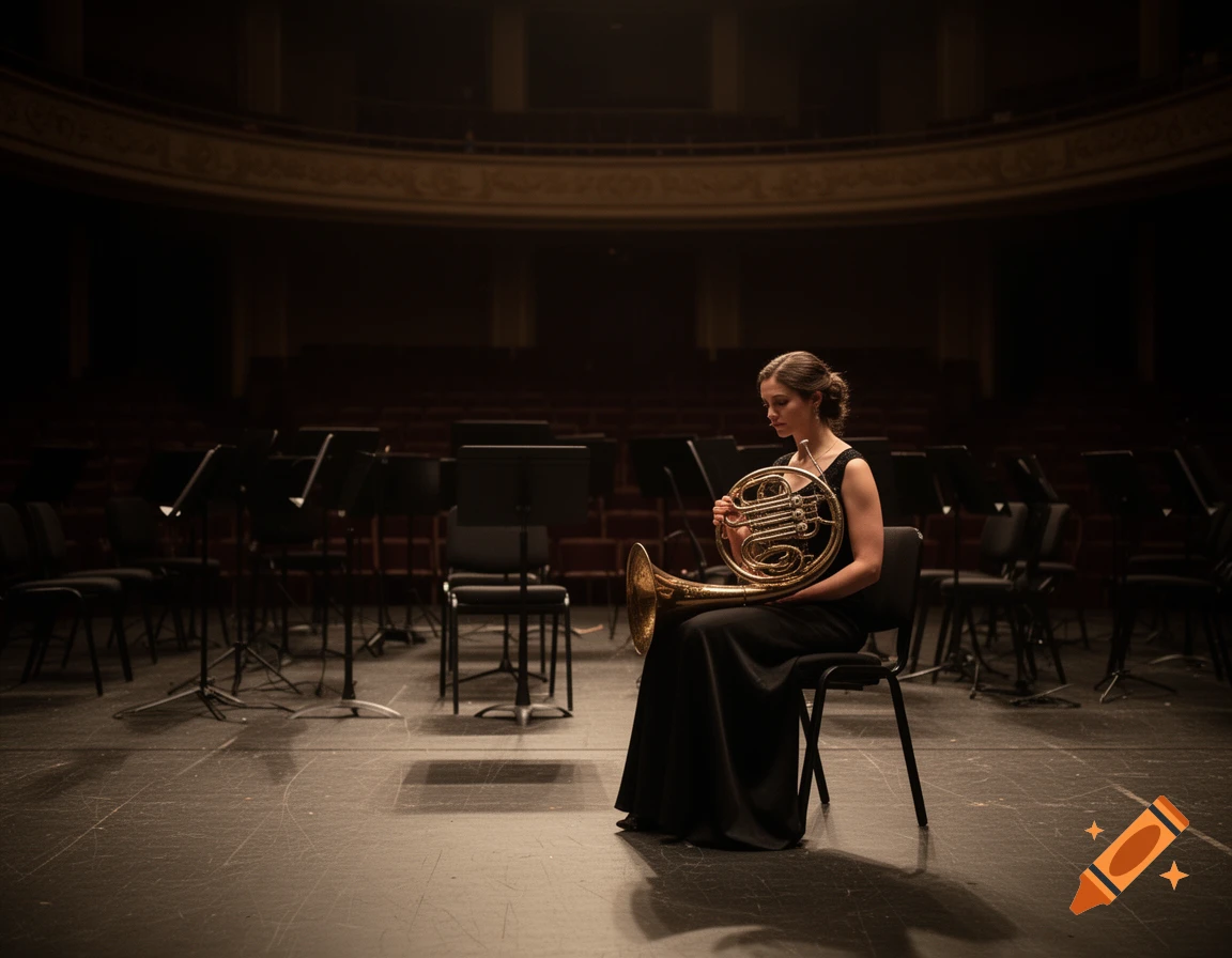 A female French horn player sits quietly and alone on a dimly lit stage in a grand concert hall.
