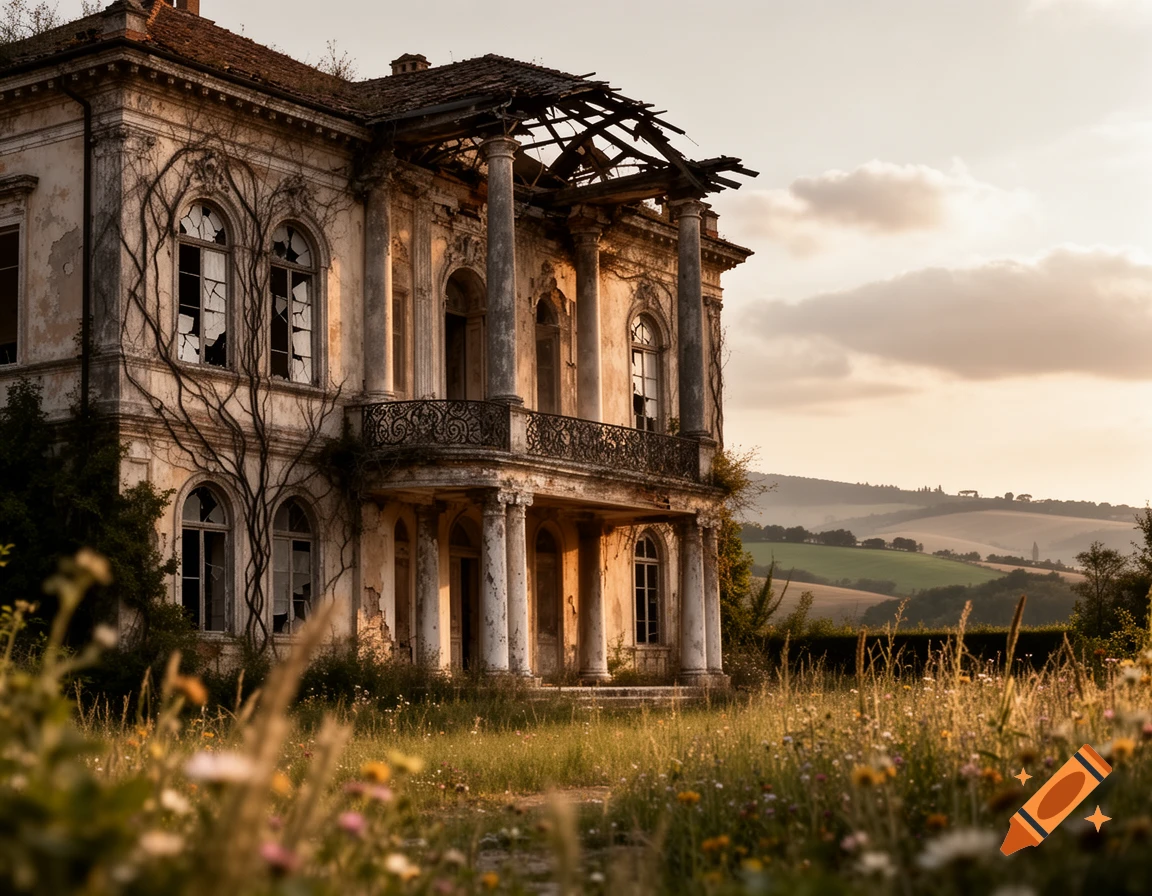 A photorealistic ruined mansion with broken windows and an overgrown facade, set in a field with rolling hills under a sunset sky.