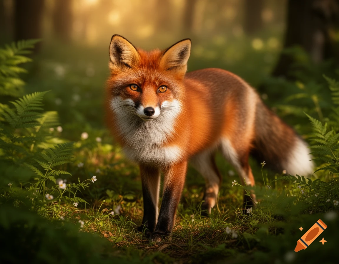 A vibrant red fox with white markings stands in a sunlit green forest with ferns.
