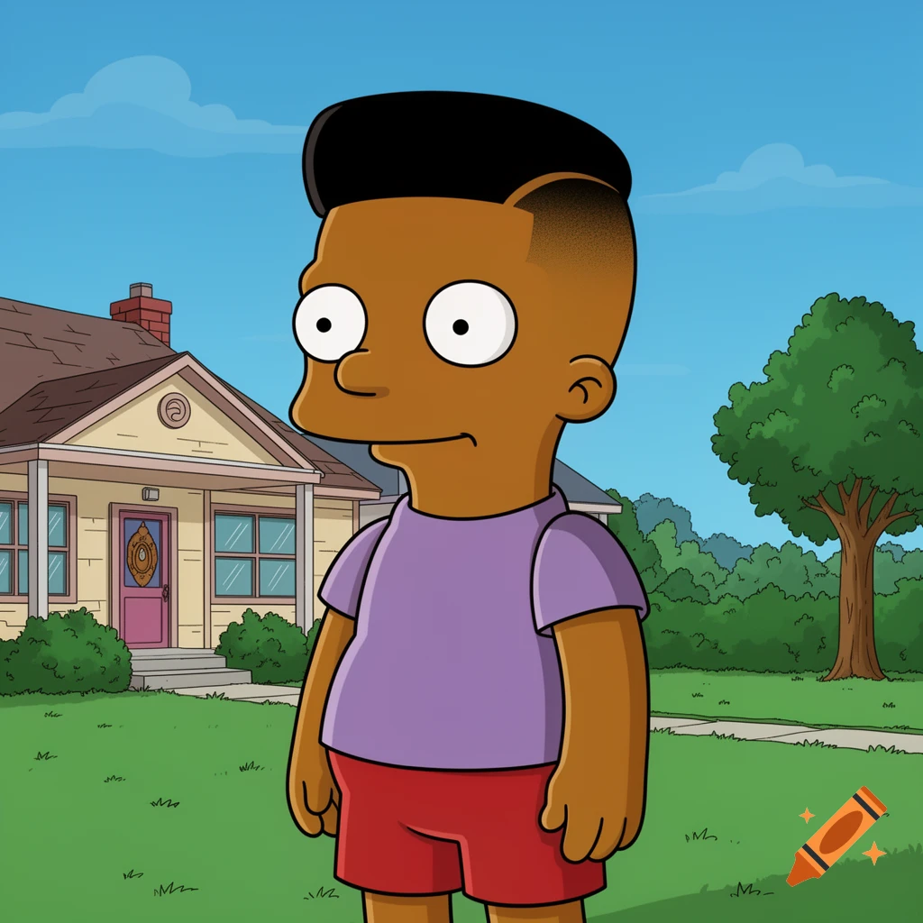 A brown-skinned boy with a black fade haircut, wearing a purple shirt and red shorts, in the iconic Simpsons cartoon style, standing outdoors.