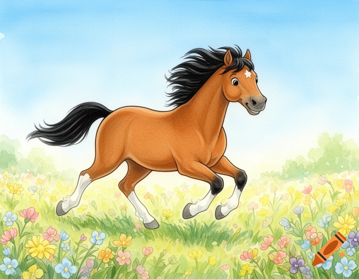A brown mare with a white star gallops joyfully through a sunny, flowery meadow, depicted in a bright watercolor illustration.