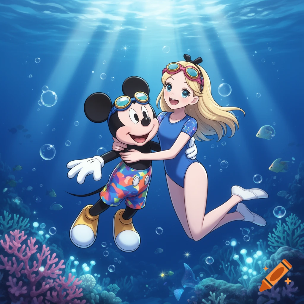 Mickey Mouse and a blonde girl, both wearing goggles, hug while swimming underwater in a vibrant cartoon style.