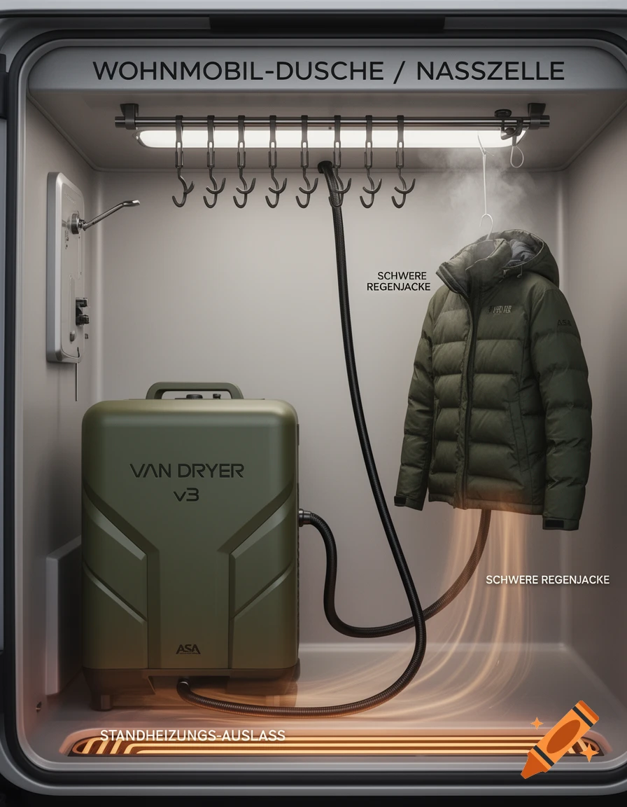 A compact olive green 'VAN DRYER V3' unit in a white camper van shower, drying an olive green jacket with warm air from a floor vent.