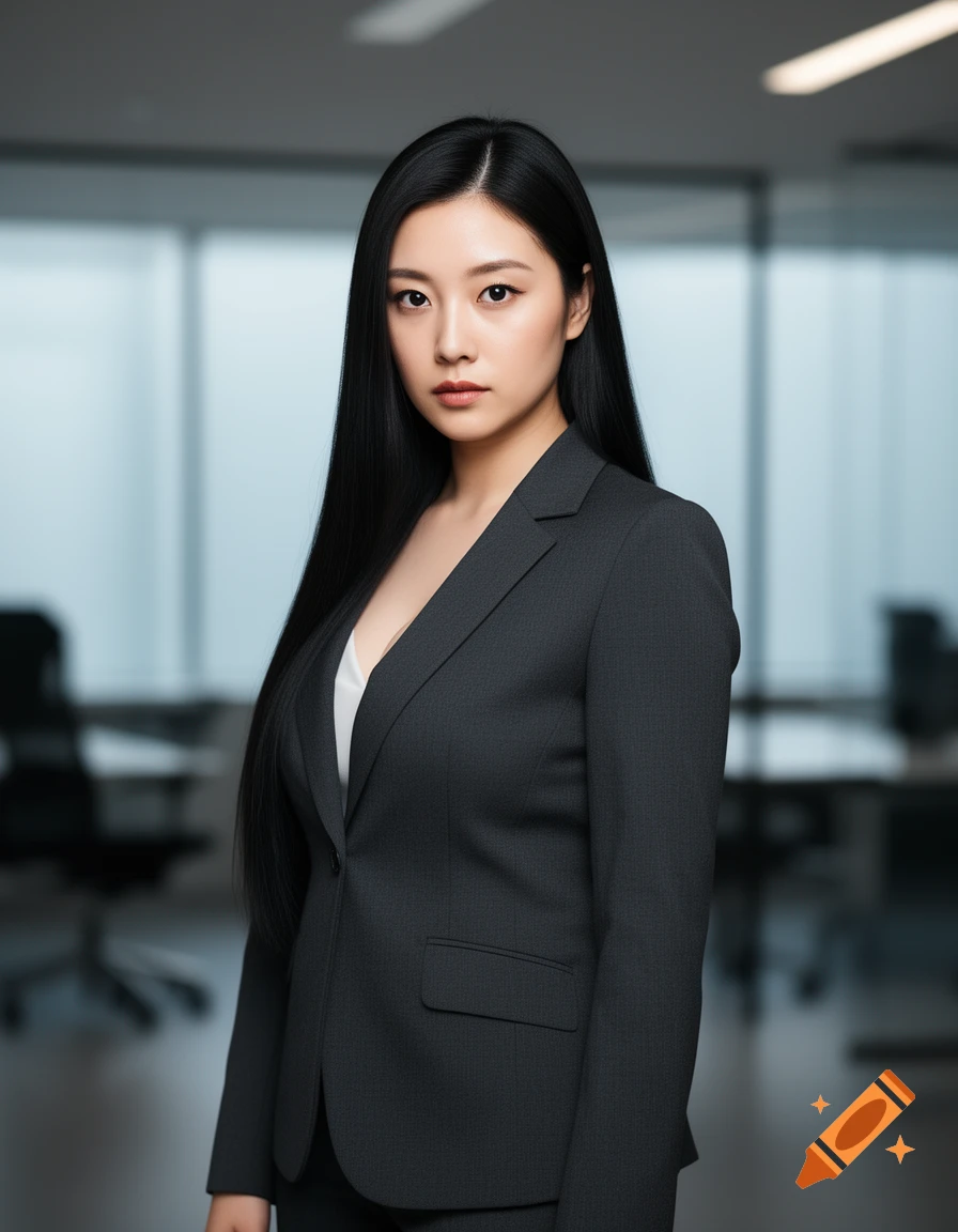 A serious-looking East Asian businesswoman with long black hair wears a dark business suit in a modern office.