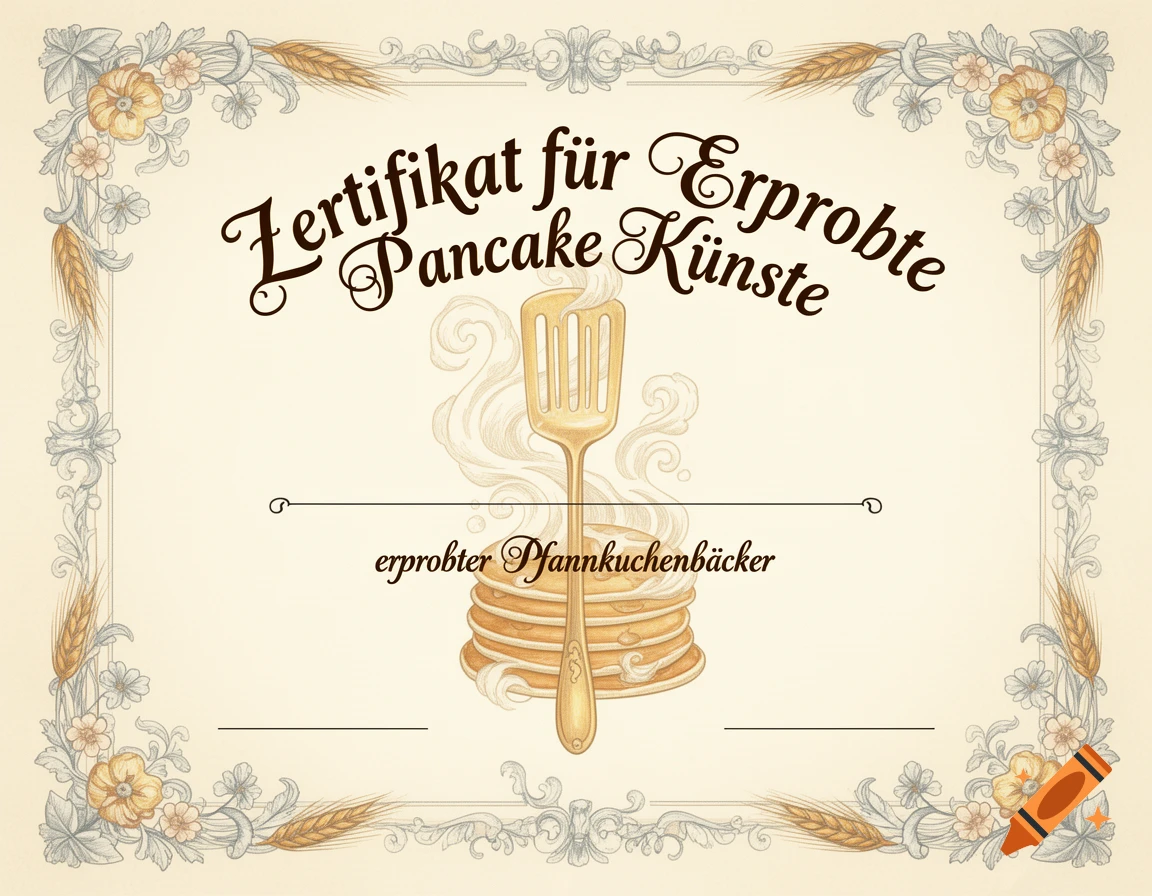 Vintage certificate for 'Pancake Arts' with a spatula and stack of pancakes, ornate border.