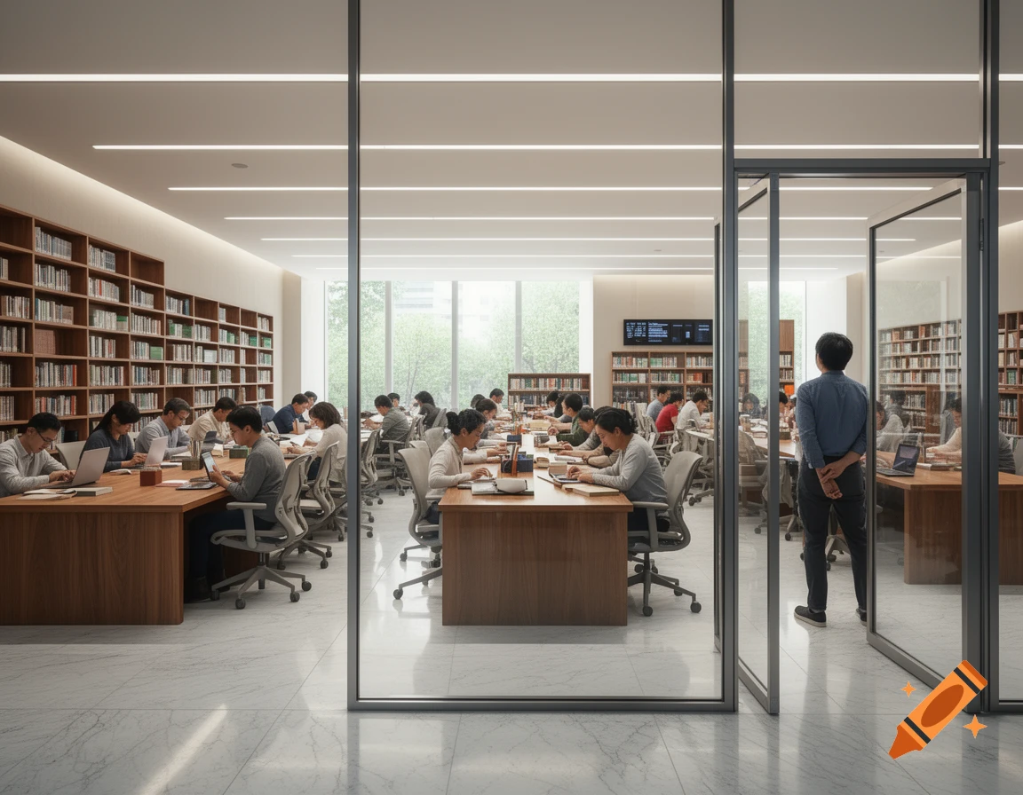 Modern, well-lit library reading room with students studying at wooden desks and bookshelves. A person stands looking through a glass entrance.