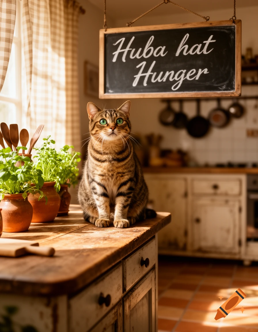 A tabby cat with bright green eyes sits on a rustic wooden kitchen counter, looking up. Above it hangs a chalkboard sign that reads 'Huba hat Hunger'.