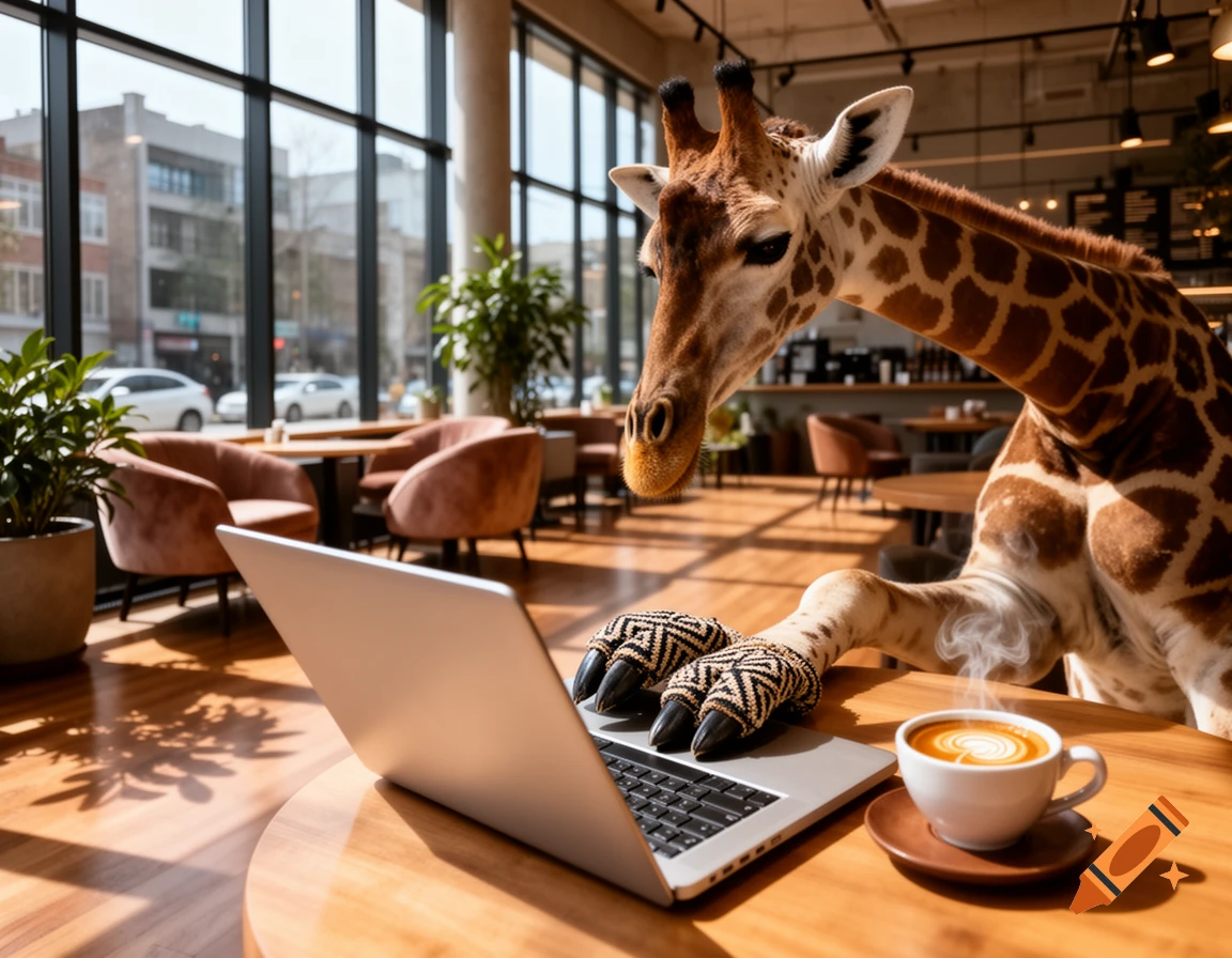 A photorealistic giraffe sits in a modern coffee shop, typing on a laptop with a cup of coffee nearby.