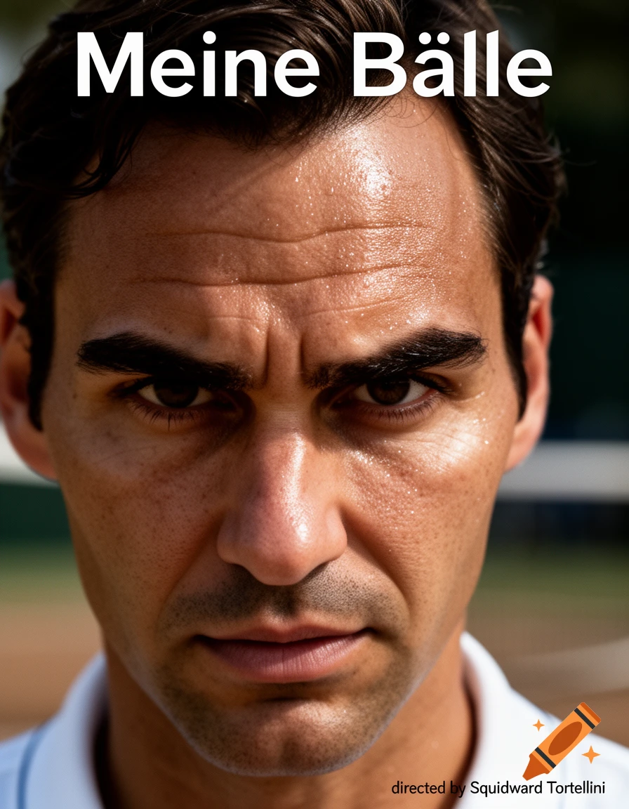 Close-up, dramatic portrait of a serious, sweaty Roger Federer looking directly at the viewer, with the text "Meine Bälle" at the top and "directed by Squidward Tortellini" at the bottom right. A tennis court is blurred in the background.