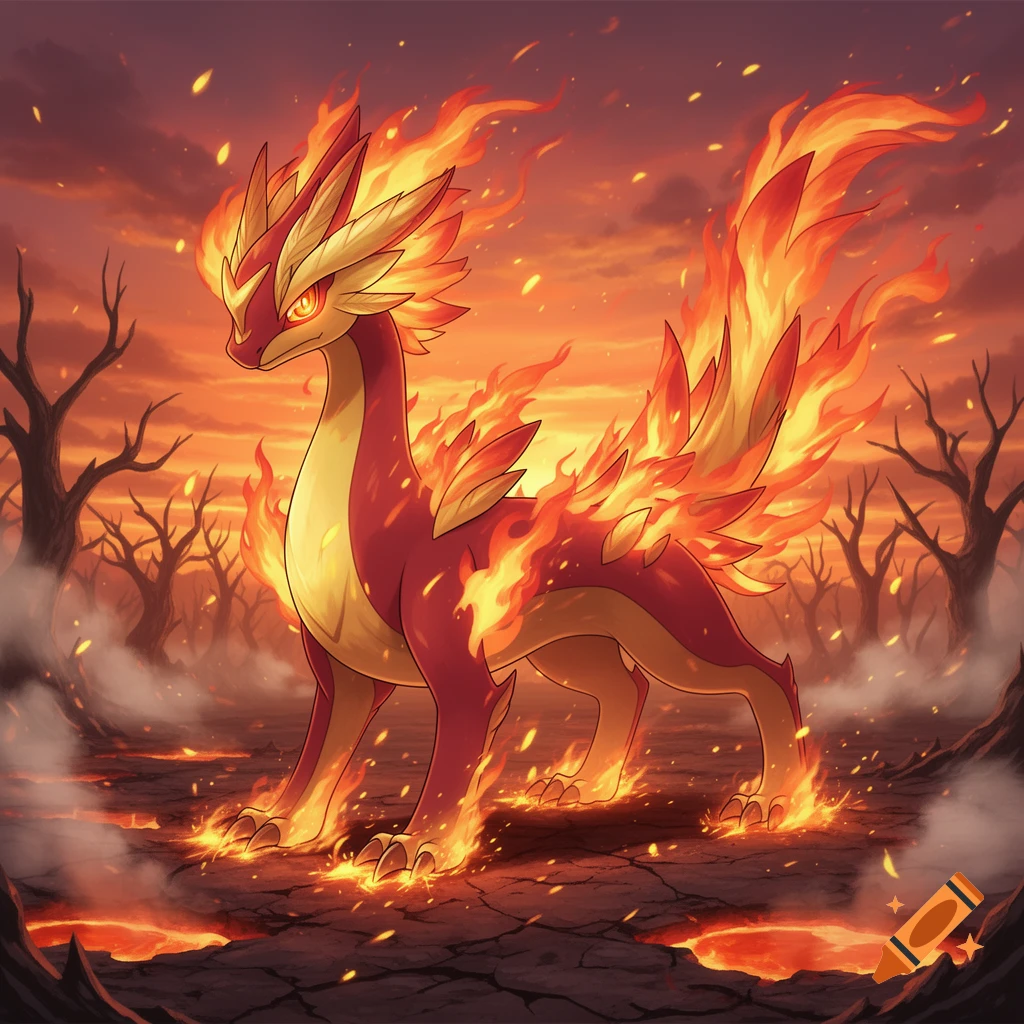 A red and yellow fire dragon, resembling a Pokémon, stands on cracked, fiery ground with molten rock and smoke, under an orange sunset sky with bare trees.