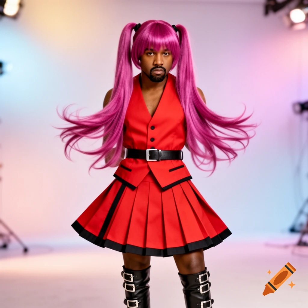 Kanye West in a pink pigtail wig, red vest, pleated skirt, and black boots, posing in a studio.