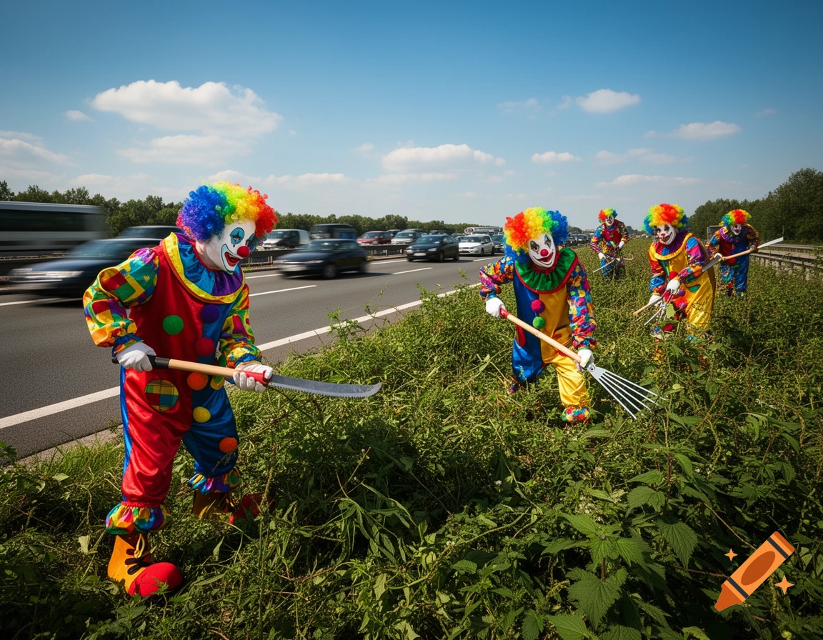 A group of photorealistic clowns in colorful costumes clearing vegetation on the side of a busy highway.