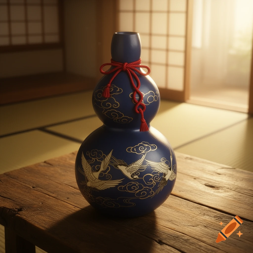 A blue, double-gourd sake vase decorated with gold cranes and clouds, tied with a red cord, sits on a wooden table in a traditional Japanese room.