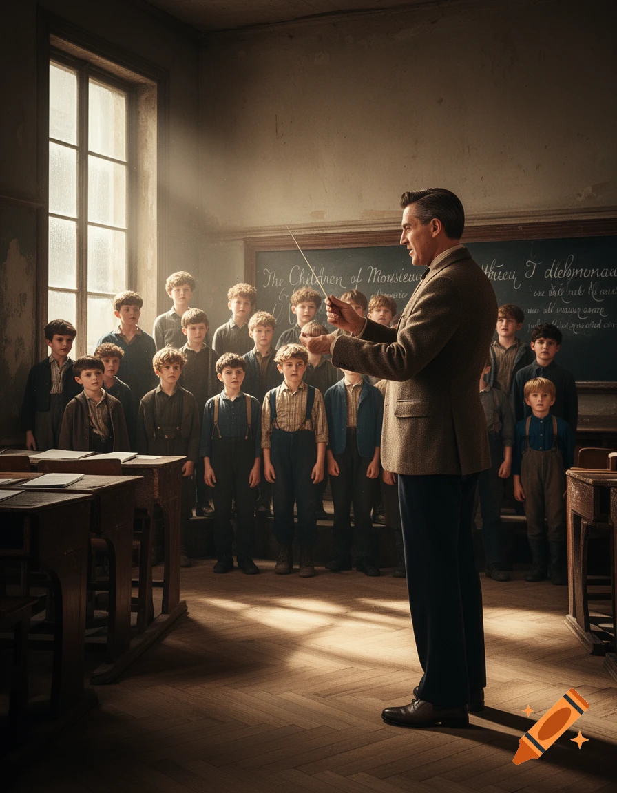 A male teacher with a pointer stands before a group of young male students in a dimly lit classroom, sunlight streaming from a window.