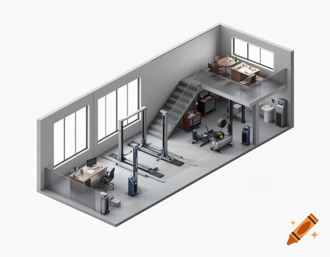 Isometric view of a modern two-story auto repair shop featuring vehicle lifts, tools, an office, and a break room.