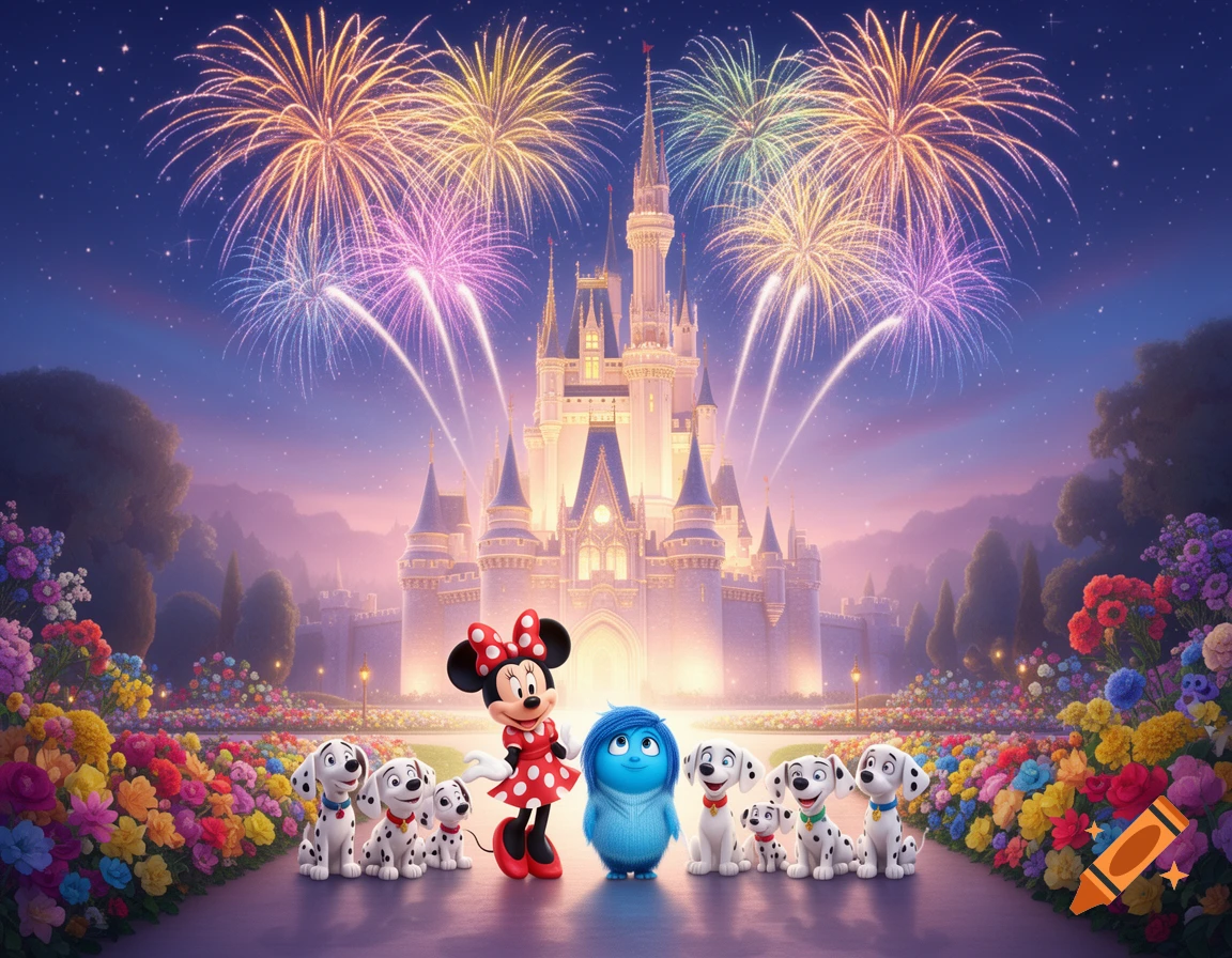 Minnie Mouse, Sadness, and Dalmatians stand before a magical Disney-like castle under fireworks, surrounded by vibrant flowers.
