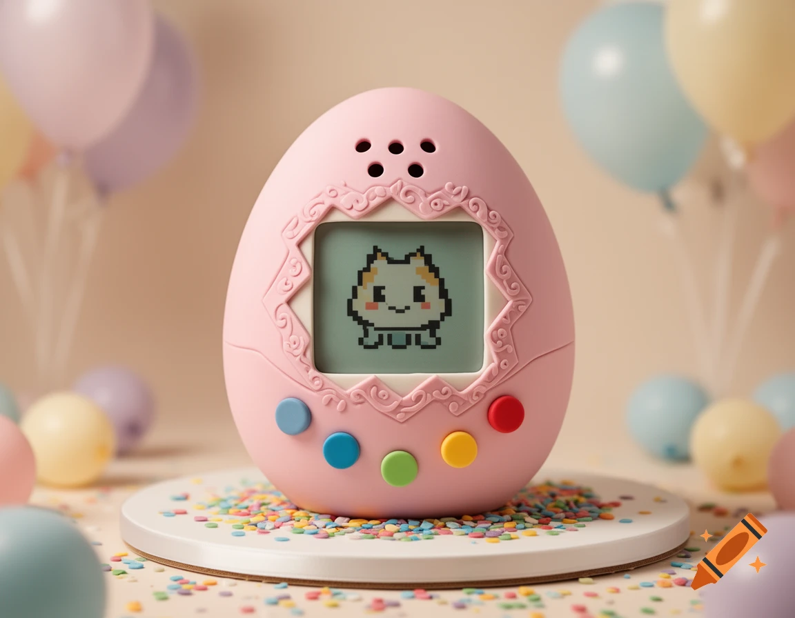 A pink egg-shaped Tamagotchi birthday cake with colorful buttons, a pixelated cat on screen, surrounded by sprinkles and pastel balloons.
